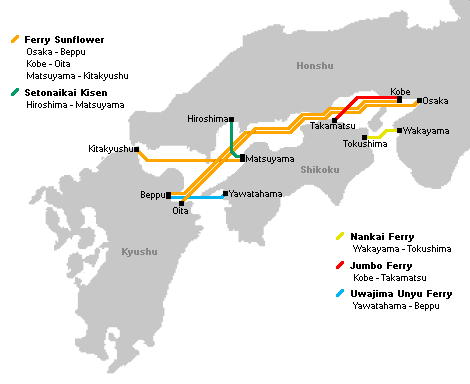 Japan Seto binnenzee (Seto Naikai) Ferry Route kaart